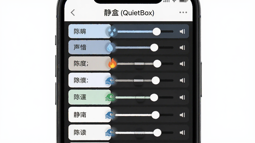 主体为手机屏幕展示“静盒 (QuietBox)”声音混合界面,多条音轨滑块并排;布局为居中特写;排版左侧列声音名称、右侧列调节滑块;风格为现代扁平UI;细节有雨滴、火焰、波浪小图标与音量条;画质清晰,干净,无多余元素