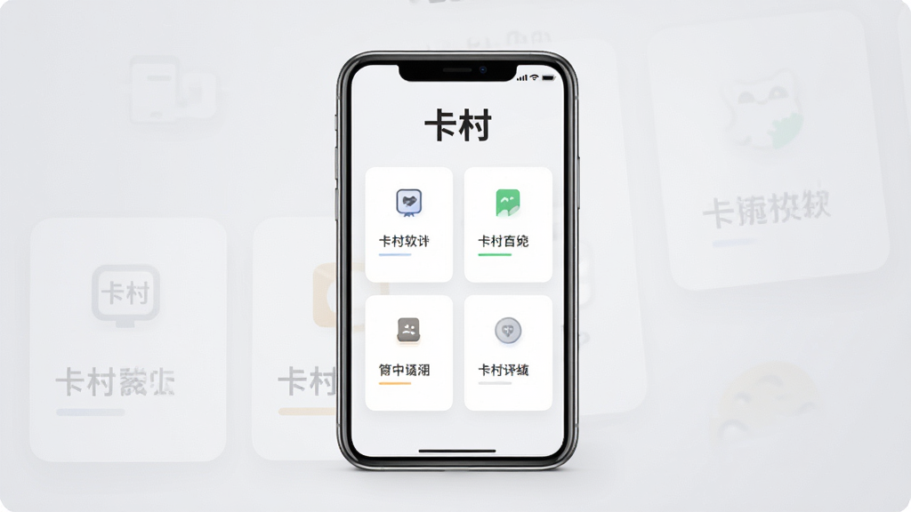 卡村软件主界面展示图,居中放置手机屏幕,屏幕内显示简洁的卡片式功能布局,顶部有卡村文字标识,背景为浅灰渐变,风格清爽现代,细节干净,画质清晰,无多余元素