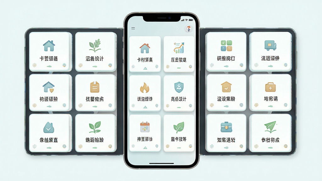 卡村应用界面布局示意图,主体为手机界面展开的卡片式功能模块,模块排列整齐,有图标与文字说明,布局居中对称,风格清新浅色,细节精致,画质清晰干净,无多余元素