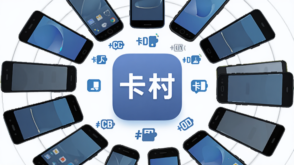 卡村多设备兼容展示图,画面主体为不同尺寸的安卓手机围绕卡村应用图标排列,图标居中突出,周围有系统版本标识元素,布局环形展开,风格科技感插画,色调蓝灰搭配,画质清晰,干净无多余元素
