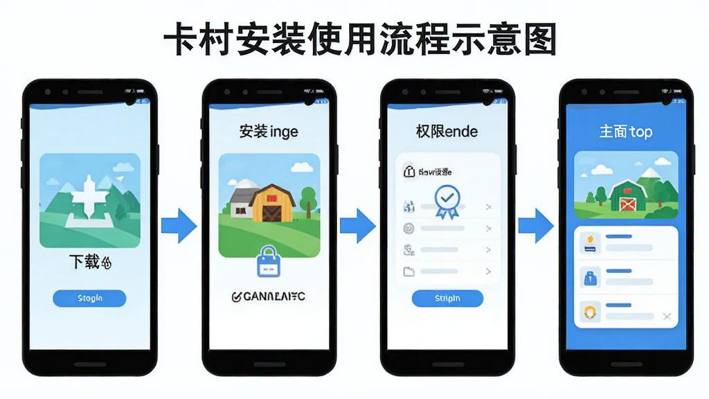 卡村安装使用流程示意图,画面主体为手机屏幕依次展示下载、安装、权限设置、主界面四个步骤,步骤之间用箭头连接,布局横向排列,风格扁平化教程插画,色调明亮清晰,画质干净,无多余元素
