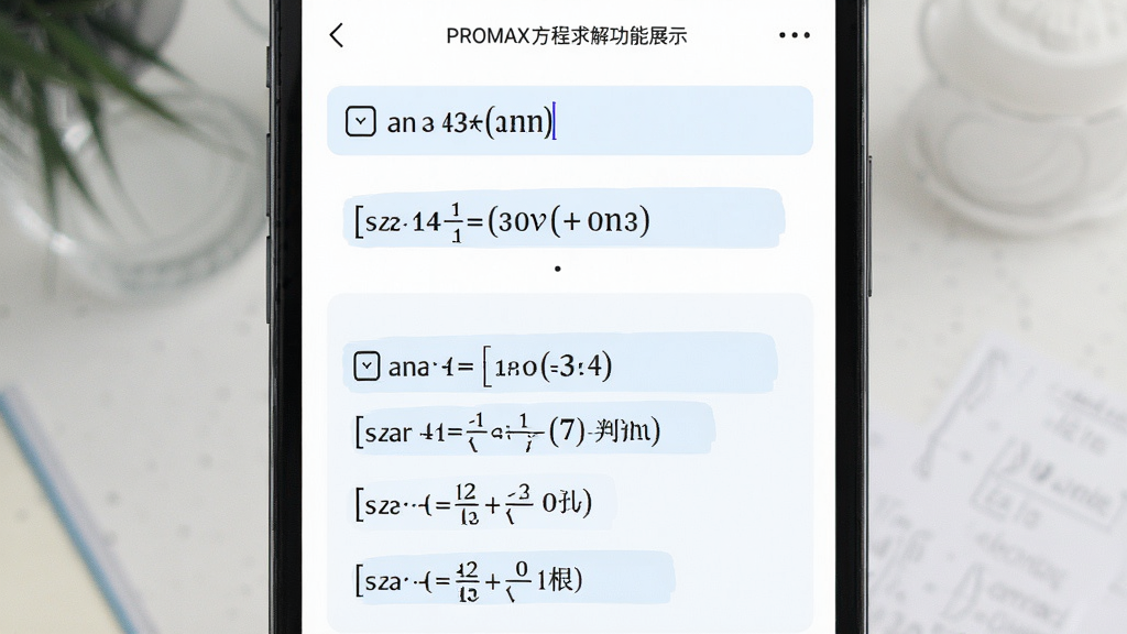 数学工具箱PROMAX方程求解功能展示图,画面主体为手机界面特写,屏幕中央显示一道一元二次方程的输入与解答过程,包含判别式与求根公式的步骤分解,布局为上下结构,上方输入区域下方结果区域,风格为现代简约教育类应用界面,细节有清晰字体与淡蓝色高亮标注,画质干净明亮