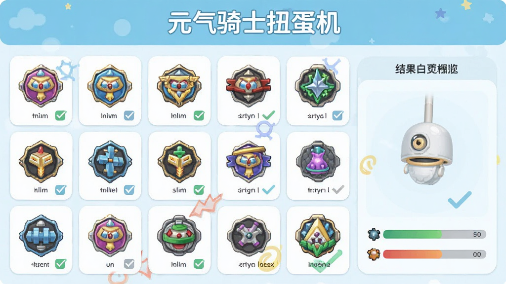 一款名为“元气骑士扭蛋机”的因子模拟界面图,主体为多个因子图标排列成网格状,布局为上方标题栏加下方因子选择区与结果预览区,风格为清爽浅色卡片式设计,细节包括彩色因子徽章、勾选状态、结果概率条,画质清晰,干净,无多余元素