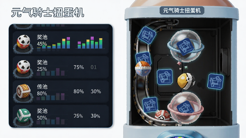 一款名为“元气骑士扭蛋机”的软件功能展示图,主体为扭蛋机内部结构剖面图,布局为左右分栏,左侧显示奖池列表与概率百分比,右侧显示扭蛋掉落动画,风格为科技感信息图与像素风混搭,细节包括数据图表、扭蛋轨道、发光蓝图图标,画质清晰,干净,无多余元素