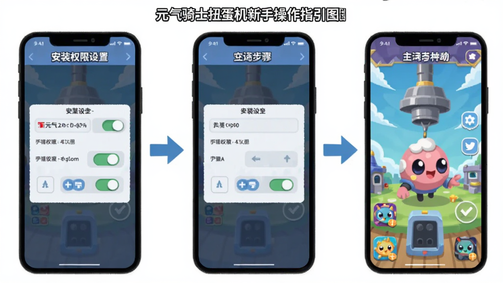 一款名为“元气骑士扭蛋机”的新手操作指引图,主体为手机屏幕展示安装权限设置步骤与软件主界面,布局为三步流程图式排版,风格为扁平化教程插画,细节包括权限开关图标、箭头引导、软件图标,画质清晰,干净,无多余元素