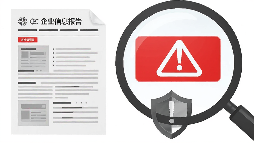 画面左侧为一份企业信息报告,右侧为放大镜聚焦在红色警示标签上,标签旁配有盾牌与感叹号图标,整体采用左右对比布局,风格为简洁商务插画,配色以白、灰、红为主,细节干净,画质清晰,背景纯白无杂物