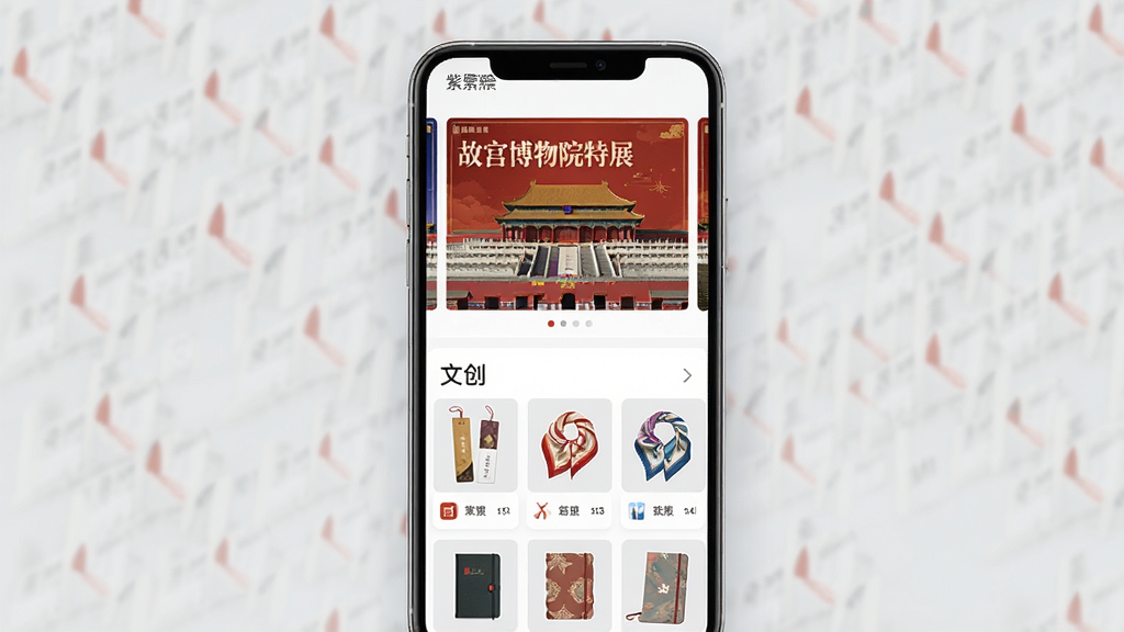 一张紫禁城365展览资讯与文创板块的界面渲染图,画面展示手机屏幕上半部分为展览海报轮播图,海报上写有“故宫博物院特展”字样,下半部分为文创商品网格展示,包含书签、笔记本、丝巾等商品缩略图,整体布局为手机竖屏居中,风格为现代电商卡片式设计,配色以浅灰与朱红点缀,细节清晰,画质高清,干净简洁,无多余元素