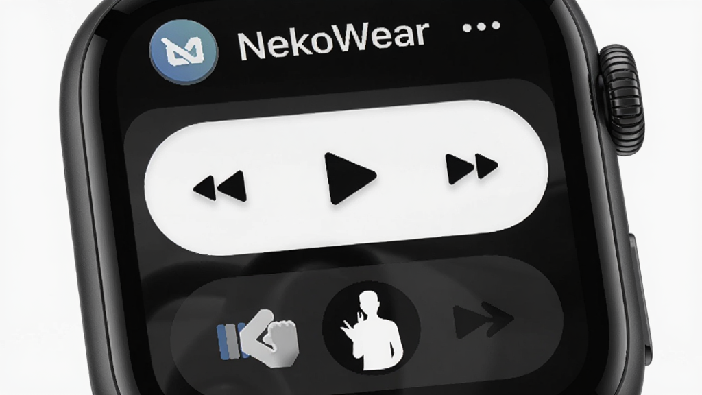 智能手表屏幕上 NekoWear 应用的大按钮触控界面特写,展示播放控制区域和滑动切歌手势示意,风格为 UI 设计展示图,布局清晰,细节精致,画质高清,背景干净