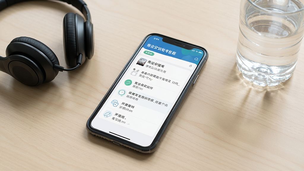 主体为手机屏幕显示青途安训驾考答题页面,旁边放置耳机与水杯;布局为手机斜放居中、背景为浅色桌面;排版为生活化场景构图;风格为清新写实;细节为题目与选项文字清晰、界面整洁;画质高清、干净、无多余元素