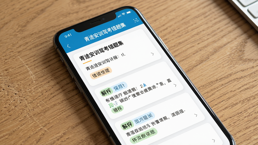 主体为手机屏幕显示青途安训驾考错题集页面,题目与解析排列整齐;布局为手机正面特写、背景为木质桌面;排版为卡片式列表;风格为简约学习场景;细节为错题标签与解析文字清晰可辨;画质高清、干净、无多余元素