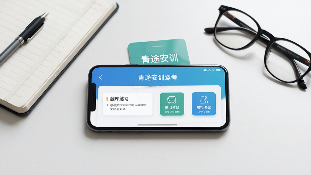 主体为一款手机横放在书桌上,屏幕显示青途安训驾考应用主界面,包含题库练习与模拟考试入口;布局为手机居中、周围摆放笔记本与眼镜;排版简洁清晰;风格为写实生活摄影;细节为屏幕文字清晰、桌面整洁、自然光线;画质高清、干净、无多余元素