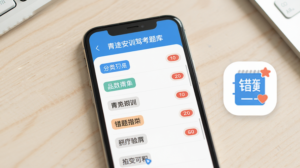 主体为手机屏幕展示青途安训驾考题库分类列表,旁边有错题本图标;布局为手机特写居中、背景为浅色桌面;排版为竖向列表式;风格为清爽扁平化界面展示;细节为分类标签清晰、错题标记醒目;画质高清、干净、无多余元素