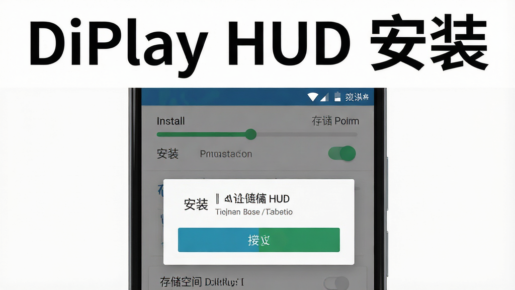 主体是一部安卓手机屏幕显示安装进度条与权限授权弹窗,布局为手机居中放大展示,排版上方留白放置标题区域,风格为清爽扁平 UI 示意图,细节包含安装按钮、权限开关、存储空间剩余提示,画质清晰干净,无多余元素,画面中打文字“DiPlay HUD 安装”