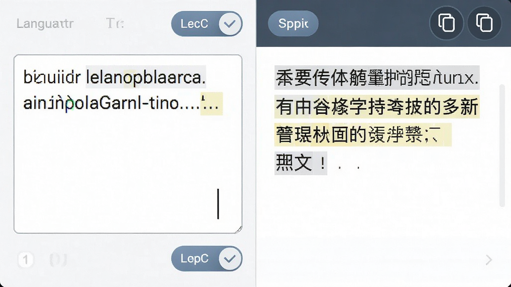 一张展示翻译软件文本翻译界面的图片,画面中左侧为外文输入框,右侧为中文译文结果,界面带有语言切换按钮与复制图标,整体布局左右分栏,风格简洁商务,细节包含光标与文字高亮,画质清晰干净,无多余元素