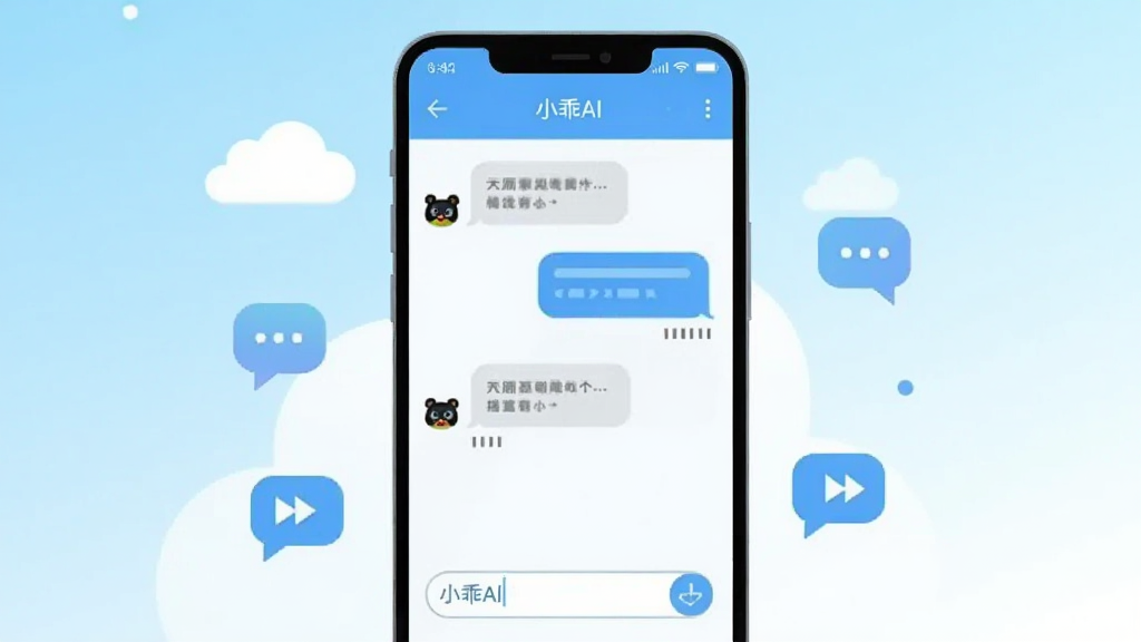 画面中央放置一部安卓手机,手机屏幕显示“小乖AI”聊天对话界面,界面内有对话气泡与输入框,手机周围环绕简洁的云朵与对话图标,背景为浅蓝到白色渐变,整体采用扁平化插画风格,排版居中对称,细节干净利落,画质清晰,无多余元素