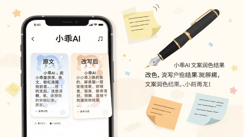 一部手机屏幕展示“小乖AI”文案润色结果页面,页面中有原文与改写后文字对比卡片,旁边悬浮一支钢笔与几张便签纸,背景为柔和米白色,扁平插画风格,排版左图右文,细节简洁,画质清晰,无多余元素