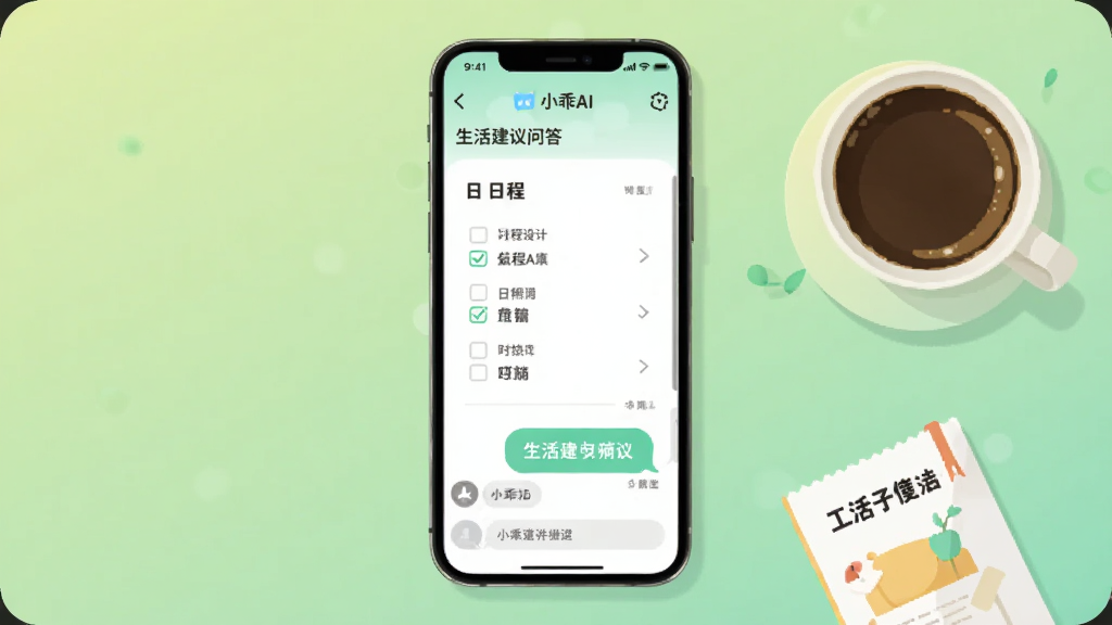 手机屏幕显示“小乖AI”生活建议问答界面,界面中有日程清单与对话气泡,旁边摆放一杯咖啡与一本小册子,背景为浅绿色渐变,扁平插画风格,排版居中,细节干净,画质清晰,无多余元素