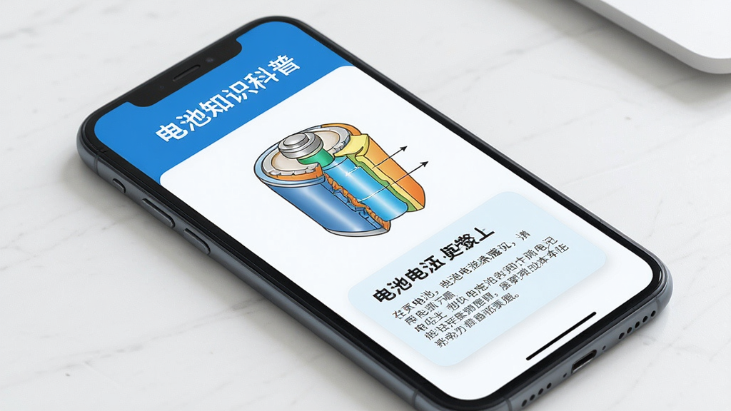 手机屏幕展示图文并茂的电池知识科普页面,页面中包含电池结构示意图与文字说明区块,排版清晰有序,配色以蓝白为主,风格清新专业,画面干净整洁