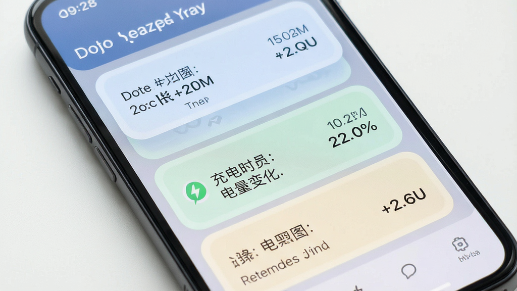 手机界面显示充电历史记录列表,每条记录包含日期、充电时长与电量变化百分比,列表采用圆角卡片设计,配色柔和,背景干净,整体呈现清晰的数据管理风格