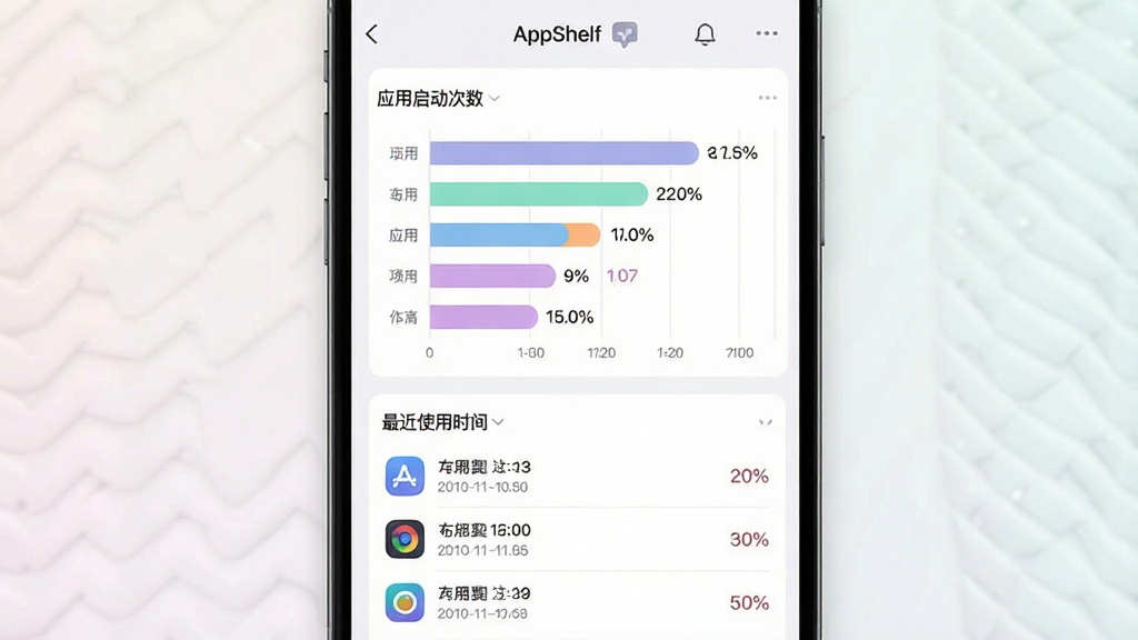 一张展示应用使用统计的界面图,画面主体为手机屏幕内的统计面板,上方是横向柱状图展示不同应用的启动次数,下方是最近使用时间列表,整体配色柔和。布局为上下结构,排版清晰,风格为简约数据可视化UI,细节包含柱状条、时间戳、应用小图标、百分比标注,画质干净锐利,画面中可见“AppShelf”文字标识,无多余元素。