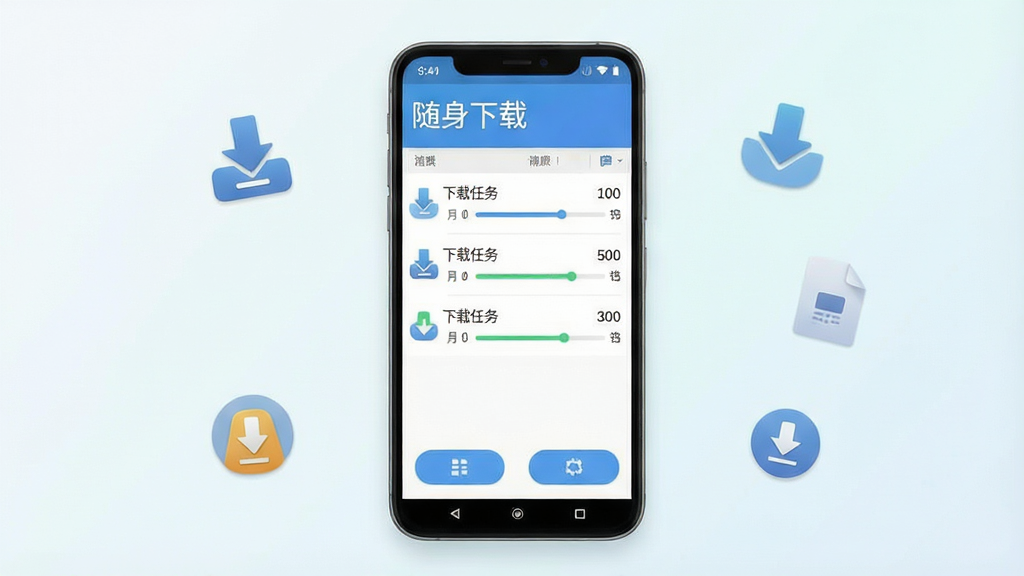 一张展示安卓手机屏幕的图片,画面中央是“随身下载”软件的主界面,界面设计简洁,顶部有软件名称“随身下载”字样,中部显示下载任务列表和进度条,底部有功能按钮,背景为浅色渐变,整体风格清爽现代,手机周围有少量下载图标和文件图标点缀,布局居中对称,画质清晰干净,无多余元素