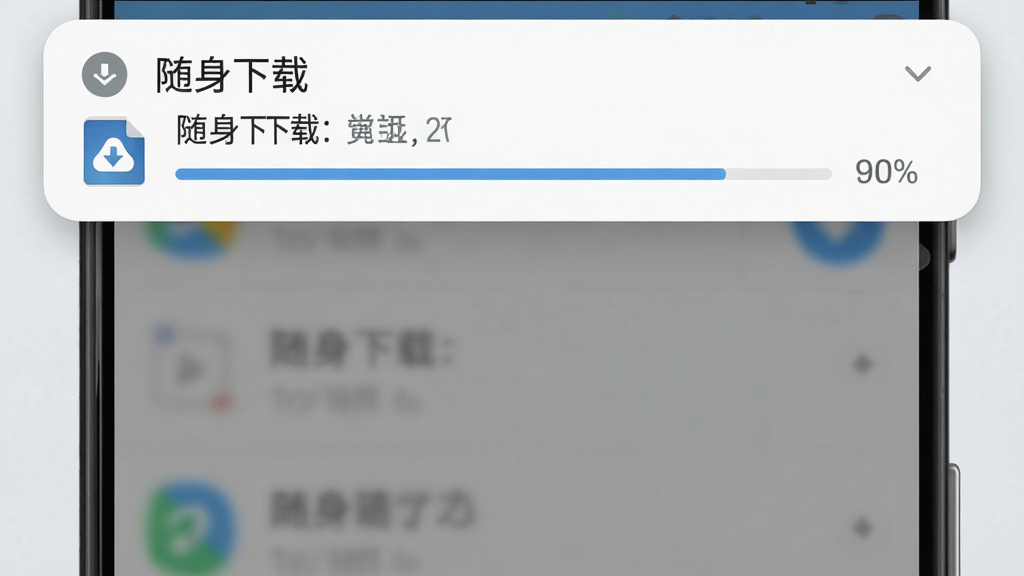 一张展示“随身下载”软件通知栏进度显示的图片,画面为安卓手机顶部通知栏下拉界面,通知栏中有一条“随身下载”的下载进度通知,显示文件名和进度条,界面简洁,背景为浅灰色,通知卡片为白色圆角设计,整体风格清爽,画质清晰干净