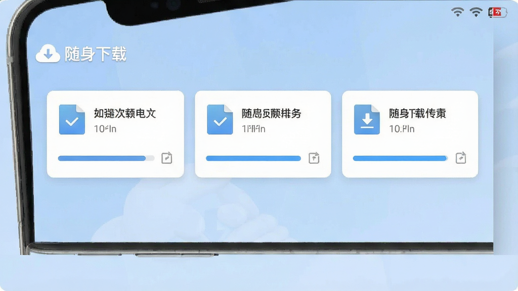 一张展示“随身下载”软件多任务下载界面的图片,画面中手机屏幕上并排显示三个下载任务卡片,每个卡片上有文件名和进度条,卡片整齐排列,界面风格简洁,顶部有“随身下载”标识,背景为淡蓝色,整体布局清晰有序,画质干净无杂乱元素