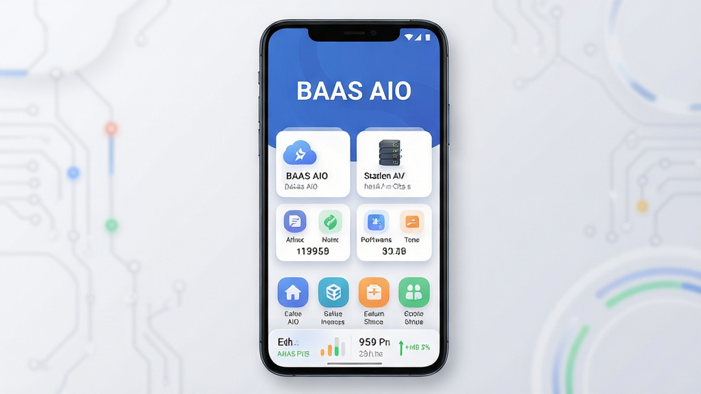 BAAS AIO 软件主界面全貌展示,主体为一部竖屏安卓手机,屏幕中央呈现模块化功能卡片布局,上方为软件名称“BAAS AIO”标识,下方排列多个圆角功能图标与状态信息栏,背景为浅灰渐变,整体排版居中对称,风格简洁现代科技感,细节包含柔和阴影与清晰文字标签,画质高清,干净,无多余元素