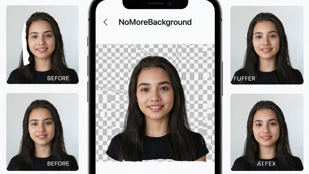 一张智能手机屏幕展示NoMoreBackground软件界面,屏幕中央是一张人物照片正在被自动去除背景,背景变为透明棋盘格,界面简洁明亮,顶部有软件名称