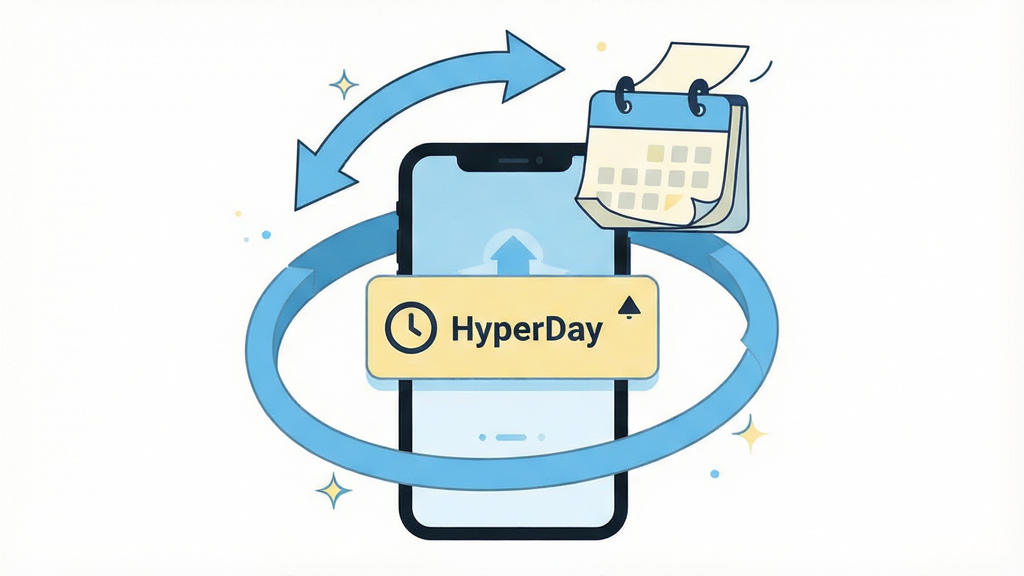 一张展示“HyperDay”周期提醒功能的场景插画,画面中央是一部手机,屏幕弹出提醒通知卡片,卡片上写有“HyperDay”字样与时钟图标,手机上方环绕循环箭头与日历翻页图形,象征重复周期;风格为现代扁平插画,主色为天蓝与浅黄,背景为纯白,构图简洁居中,细节干净,画质清晰,无多余元素