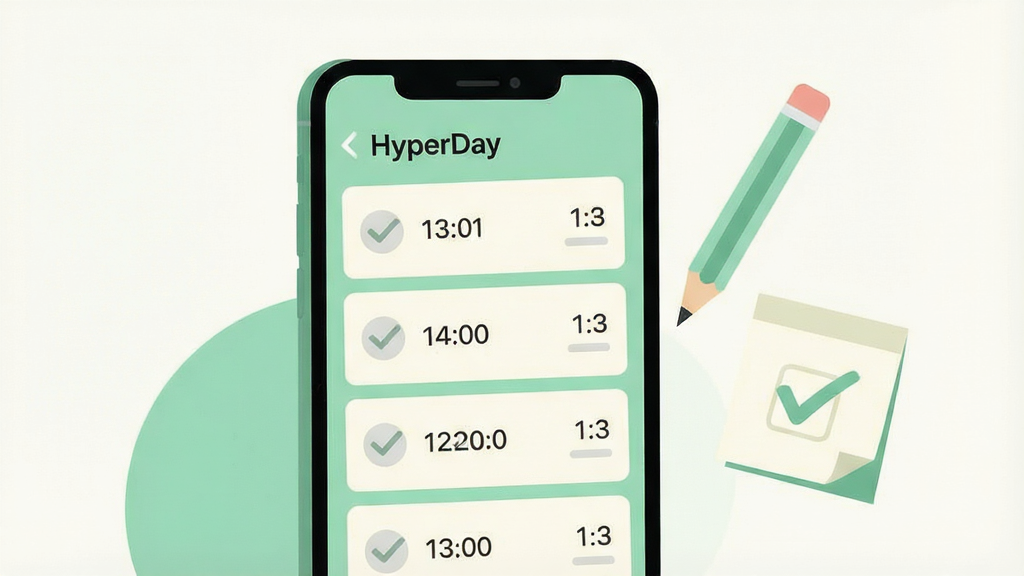 一张表现“HyperDay”待办清单功能的扁平插画,画面主体是一部手机屏幕,屏幕内显示纵向排列的待办卡片,每张卡片左侧有圆形复选框,部分已打勾并变为浅灰色,右侧标注时间;手机旁漂浮一支铅笔与一张打勾的便签纸;风格为清新浅色扁平插画,主色为薄荷绿与米白,背景简洁,构图聚焦手机屏幕,细节干净,画质清晰,无多余元素