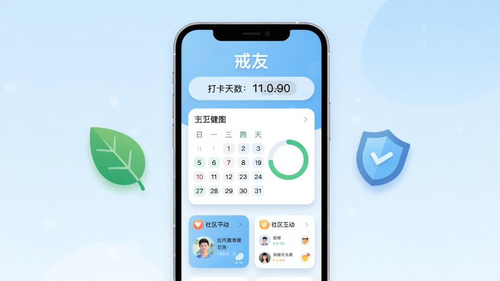 一部智能手机竖屏展示,屏幕中央是“戒友”应用主界面,界面上方显示“戒友”字样与打卡天数计数器,中间是日历打卡网格与进度环,下方是社区互动卡片;手机两侧漂浮着绿叶与盾牌图标象征健康与安全;整体布局为居中对称,背景为浅蓝渐变;风格为清新扁平化UI插画;细节包括柔和的阴影、圆角卡片、清晰的文字层级;画质高清,画面干净,无多余元素