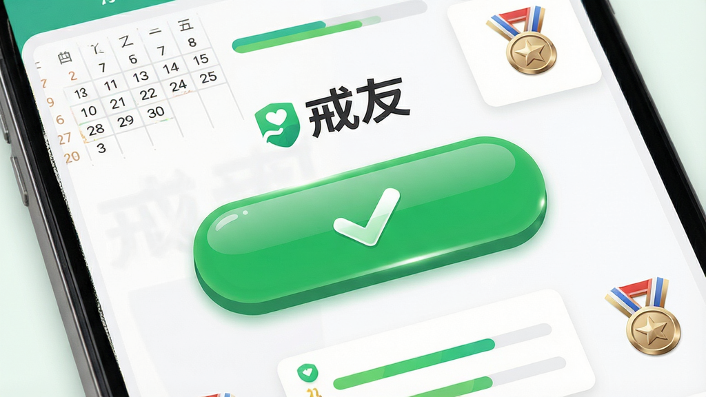 手机屏幕特写,展示“戒友”应用的打卡界面,画面中央是一个大大的绿色打卡按钮,按钮上方显示“戒友”Logo,按钮周围环绕着日历格子、进度条与奖章图标;布局为居中构图,按钮突出;风格为现代扁平化设计;细节包括按钮的高光质感、日历格子的清晰标记、奖章的金属光泽;画质高清,画面干净,无多余元素