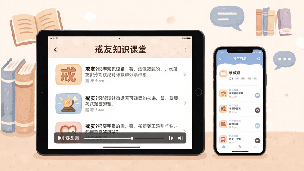 一部平板电脑与一部手机并排摆放,平板屏幕显示“戒友”知识课堂页面,有文章列表与音频播放条,手机屏幕显示社区互动界面;布局为左右并列,平板在前手机在后;风格为柔和插画风;细节包括屏幕内的文字排版清晰、图标精致、背景有淡雅的书本与对话气泡装饰;画质高清,画面干净,无多余元素