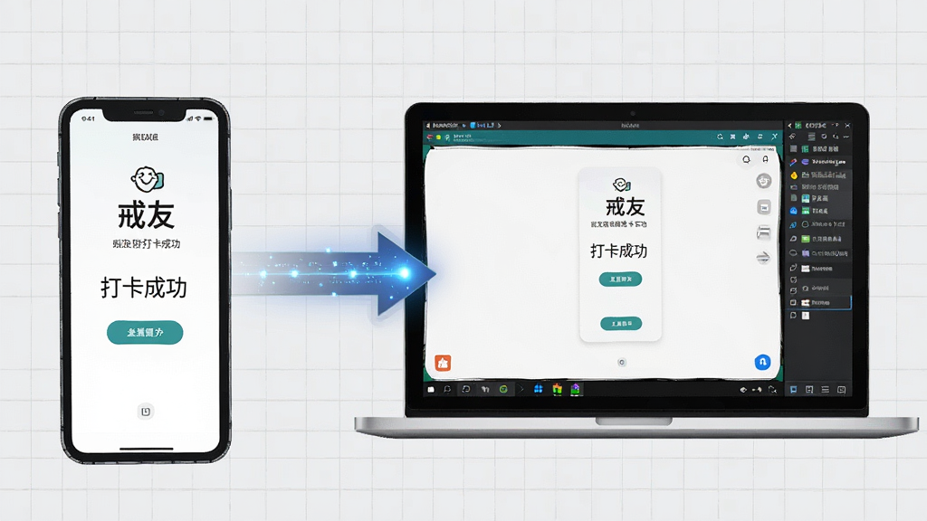 手机与电脑并排展示,手机屏幕为“戒友”打卡成功页面,电脑屏幕为安卓模拟器运行同一应用的界面;布局为左手机右电脑,中间有箭头连接表示数据同步;风格为简洁科技插画;细节包括屏幕内容清晰、箭头带有数据传输光点、背景为浅灰网格;画质高清,画面干净,无多余元素