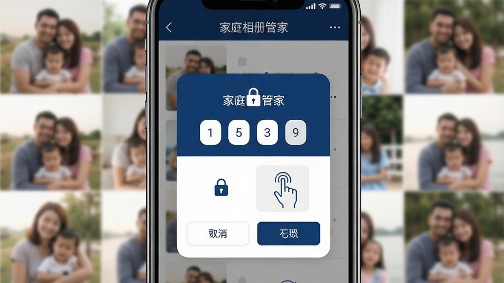 一张展示家庭相册管家私密相册加密功能的手机界面图,画面中央是一部手机,屏幕显示密码输入弹窗覆盖在相册列表之上,弹窗内有四位数字密码输入框和手势图案解锁区域,背景是模糊处理的家庭照片缩略图,布局突出安全验证环节,风格为简约商务扁平化设计,色调以深蓝和白色为主,细节上体现锁形图标、密码圆点、取消与确认按钮,画质清晰干净,画面中可出现“家庭相册管家”文字标识,无多余元素