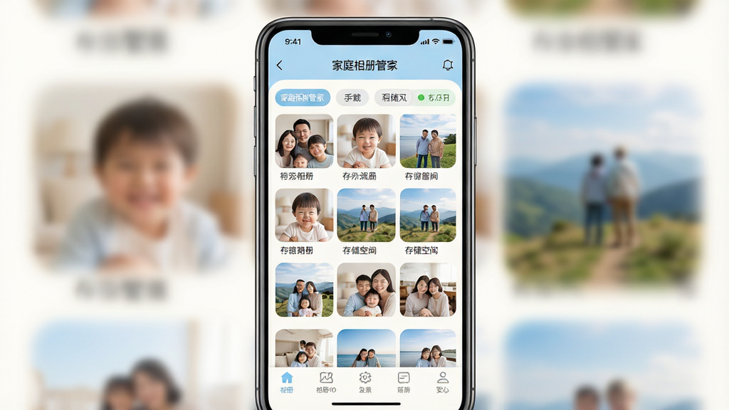 一张展示家庭相册管家软件主界面的手机屏幕效果图,画面中央摆放一部竖屏智能手机,屏幕内显示相册管理应用首页,顶部有“家庭相册管家”文字标题,下方是整齐排列的家庭照片缩略图网格,包含人物合影、儿童照片、旅行风景等温馨内容,底部有相册分类导航栏,整体布局简洁清晰,风格为现代扁平化UI设计,色调以暖白和浅蓝为主,细节上体现照片卡片圆角、分类标签、存储空间提示条,画质清晰干净,无多余元素,适合软件下载站展示配图