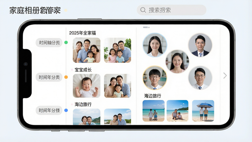 一张表现家庭相册管家智能分类功能的示意图,画面主体为一部手机屏幕,屏幕内展示相册自动分类结果,左侧是时间轴分类列表,右侧是人物头像聚类分组,照片按“2025年全家福”“宝宝成长”“海边旅行”等标签整齐归位,布局采用左右分栏排版,风格为清新浅色扁平化设计,细节上体现分类标签彩色小圆点、照片缩略图圆角卡片、顶部搜索框,画质清晰干净,画面中可出现“家庭相册管家”软件名称文字,无多余元素