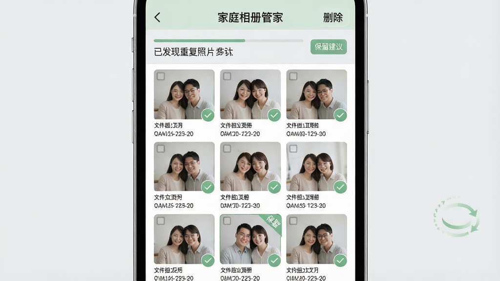 一张表现家庭相册管家重复照片清理功能的界面效果图,画面主体为手机屏幕,屏幕内显示重复照片检测结果页面,上方有扫描进度条和已发现重复照片数量提示,下方以网格形式并列展示多组相似照片,每组照片下方标注文件大小和拍摄日期,部分照片带有勾选标记,布局清晰有序,风格为清爽素雅扁平化设计,色调以浅灰和淡绿为主,细节上体现删除按钮、保留建议标签、扫描动画元素,画质干净清晰,画面中可出现“家庭相册管家”软件名称,无多余元素