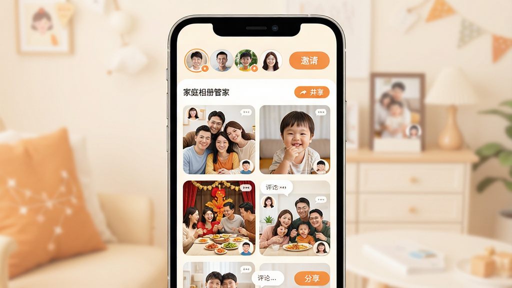 一张展示家庭相册管家家庭成员共享功能的示意图,画面中央是一部手机屏幕,显示家庭相册共享页面,顶部有家庭成员头像列表和邀请按钮,下方是共享照片流,包含多人上传的合影、儿童照片、节日聚餐等温馨画面,每张照片角落标注上传者头像小图标,布局采用上下结构排版,风格为柔和圆角扁平化设计,色调以暖橙和米白为主,细节上体现成员权限标签、评论气泡、分享按钮,画质清晰干净,画面中可出现“家庭相册管家”文字,无多余元素