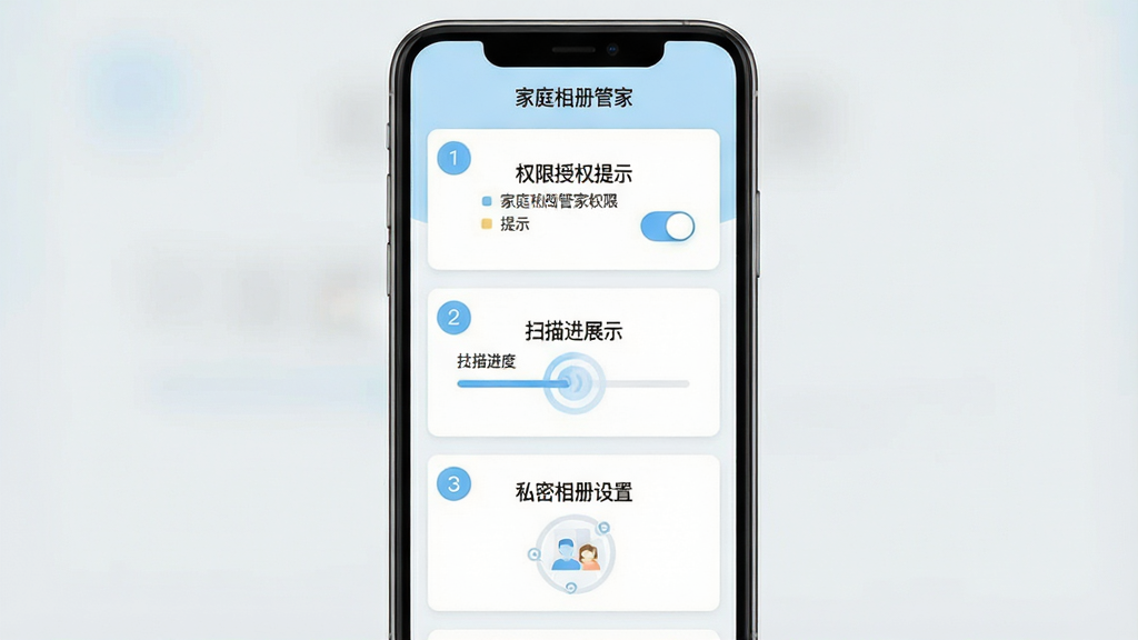 一张展示家庭相册管家新手使用引导界面的手机效果图,画面主体为竖屏手机,屏幕内显示分步引导页面,包含权限授权提示、扫描进度展示、私密相册设置入口三个步骤卡片,布局采用纵向卡片堆叠排版,风格为清新浅色扁平化设计,色调以白色和浅蓝为主,细节上体现步骤序号圆标、权限开关按钮、进度条动画,画质清晰干净,画面中可出现“家庭相册管家”软件名称文字,无多余元素