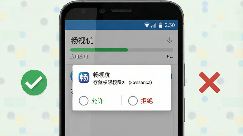 一张展示安卓手机安装应用时权限设置界面的示意图,画面为手机屏幕特写,屏幕中显示“畅视优”安装进度条与存储权限请求弹窗,旁边配有对勾与叉号图标表示允许与拒绝选项,布局以手机为中心,风格为扁平化操作指引图,细节上界面元素清晰可辨,画质高清,画面干净,无多余元素