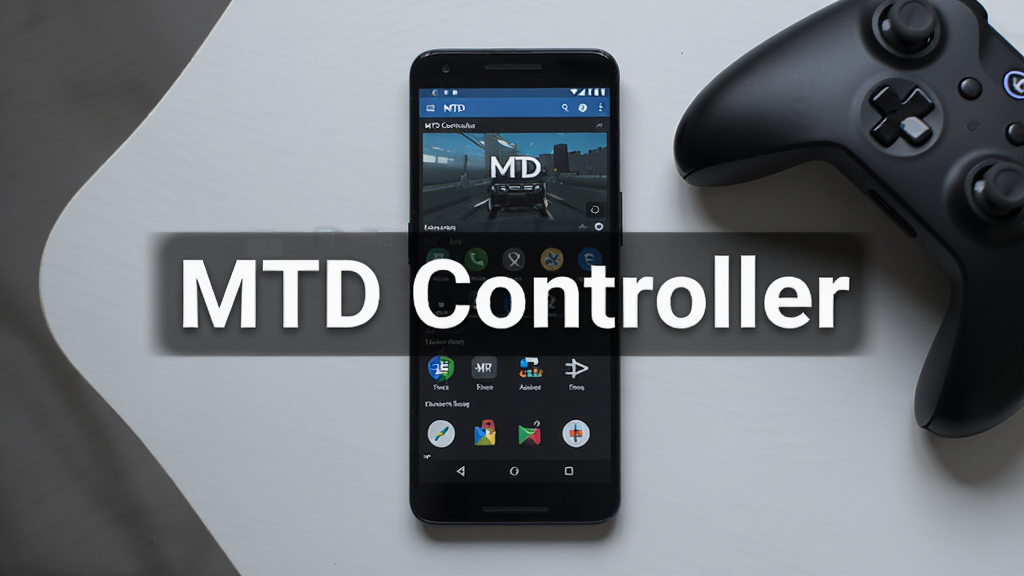 一部安卓手机平放在桌面上,屏幕显示MTD Controller软件主界面,旁边放着一个黑色游戏手柄,背景为简洁的浅灰色桌面,画面中央有醒目的软件名称“MTD Controller”文字标识,整体风格干净清爽,布局居中对称,细节清晰,画质高清,无多余元素