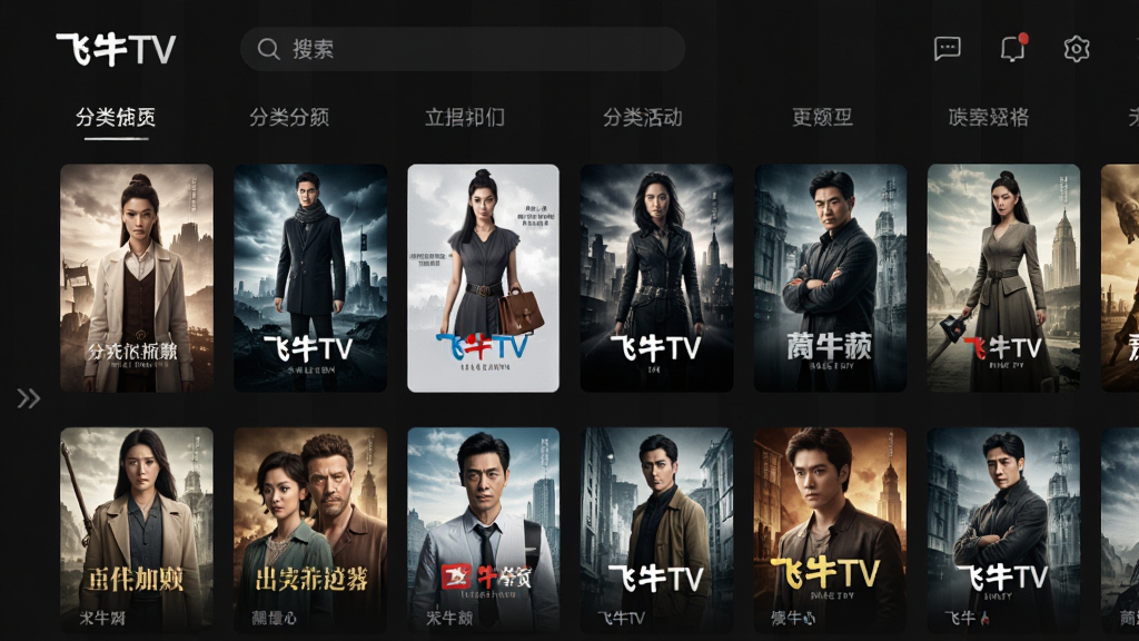飞牛TV软件主界面展示,画面中央是简洁的影视海报墙布局,上方有搜索栏与分类标签,下方排列多张电影电视剧封面卡片,整体采用深色主题风格,界面干净整洁,细节清晰,画质高清,无多余元素