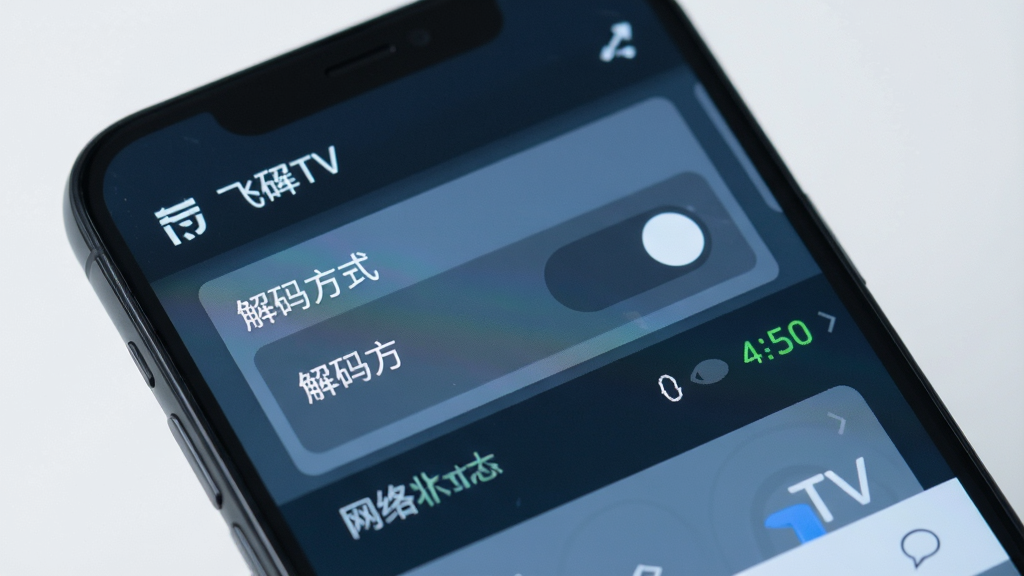 飞牛TV播放设置界面特写,手机屏幕上显示解码方式切换选项与网络状态指示,界面元素清晰可辨,风格扁平化设计,色调冷静专业,画质高清,干净无杂乱
