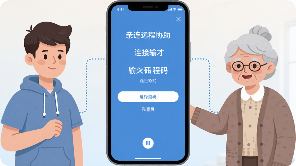 画面中央展示一部智能手机屏幕,屏幕上显示亲连远程协助的连接码输入界面,界面设计简洁,蓝白色调,手机两侧分别有一位年轻人和一位长辈的卡通形象,通过虚线连接手机,象征远程协助场景,背景为柔和的浅色渐变,整体风格清新扁平化,构图对称,细节清晰,画质干净,无多余元素