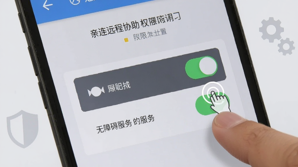 一部手机屏幕显示亲连远程协助的权限设置页面,页面中有屏幕录制和无障碍服务的开关按钮,旁边有手指点击操作的示意,背景为浅灰色简洁风格,画面中有盾牌和齿轮图标点缀,风格实用清晰,细节明确,画质干净