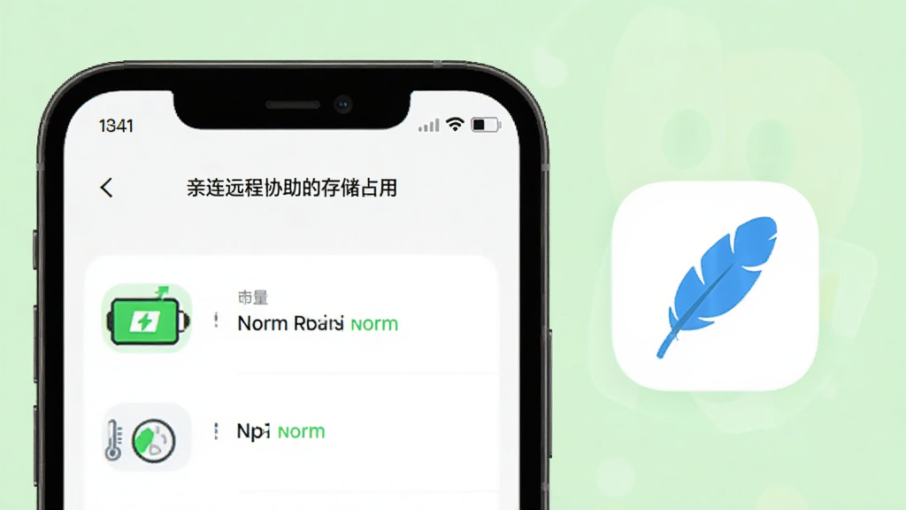 手机屏幕显示亲连远程协助的存储占用信息页面,旁边有一个羽毛图标象征轻量,背景为浅绿色清新风格,画面中有电量图标和温度计图标显示正常状态,风格简约明快,构图干净,画质清晰