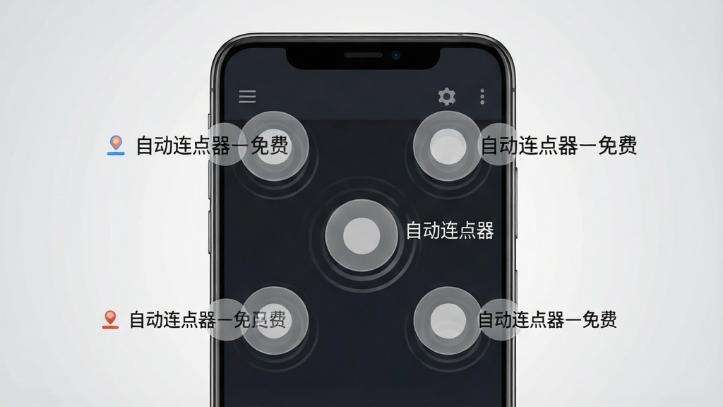 一张展示安卓手机屏幕的写实风格产品图,画面中央是手机界面,界面上悬浮着多个半透明的圆形点击标记,标记旁带有