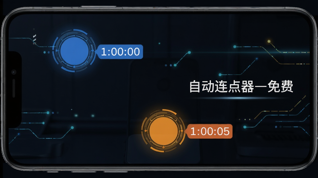 手机屏幕俯视图,屏幕上分布着三个不同颜色的圆形点击标记,每个标记旁有数字倒计时标签,画面右侧悬浮